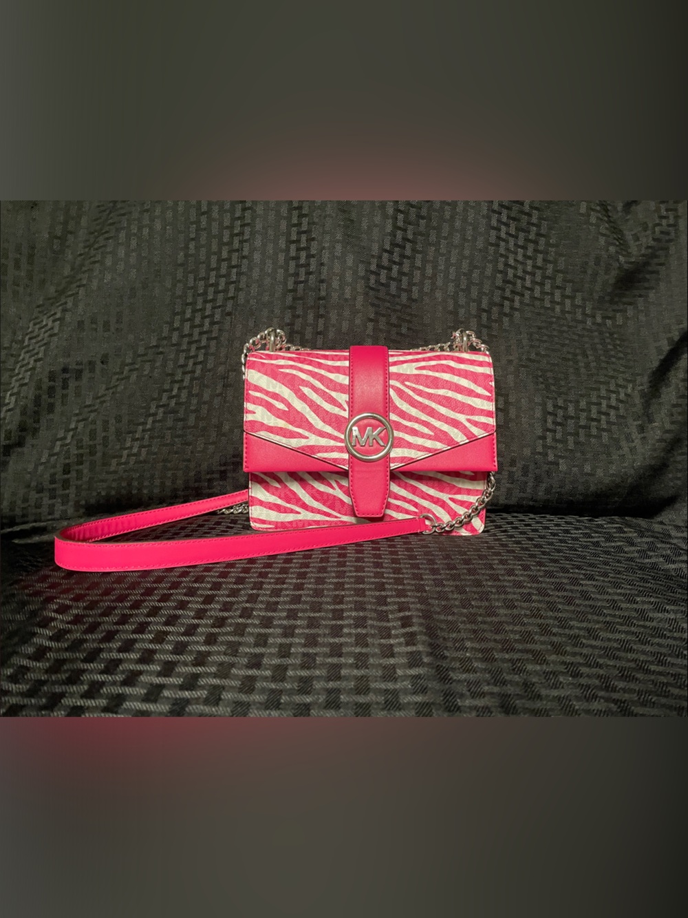 Michael Kors Hot Pink Zebra-Print Crossbody Bag with Silver Chain/ like new